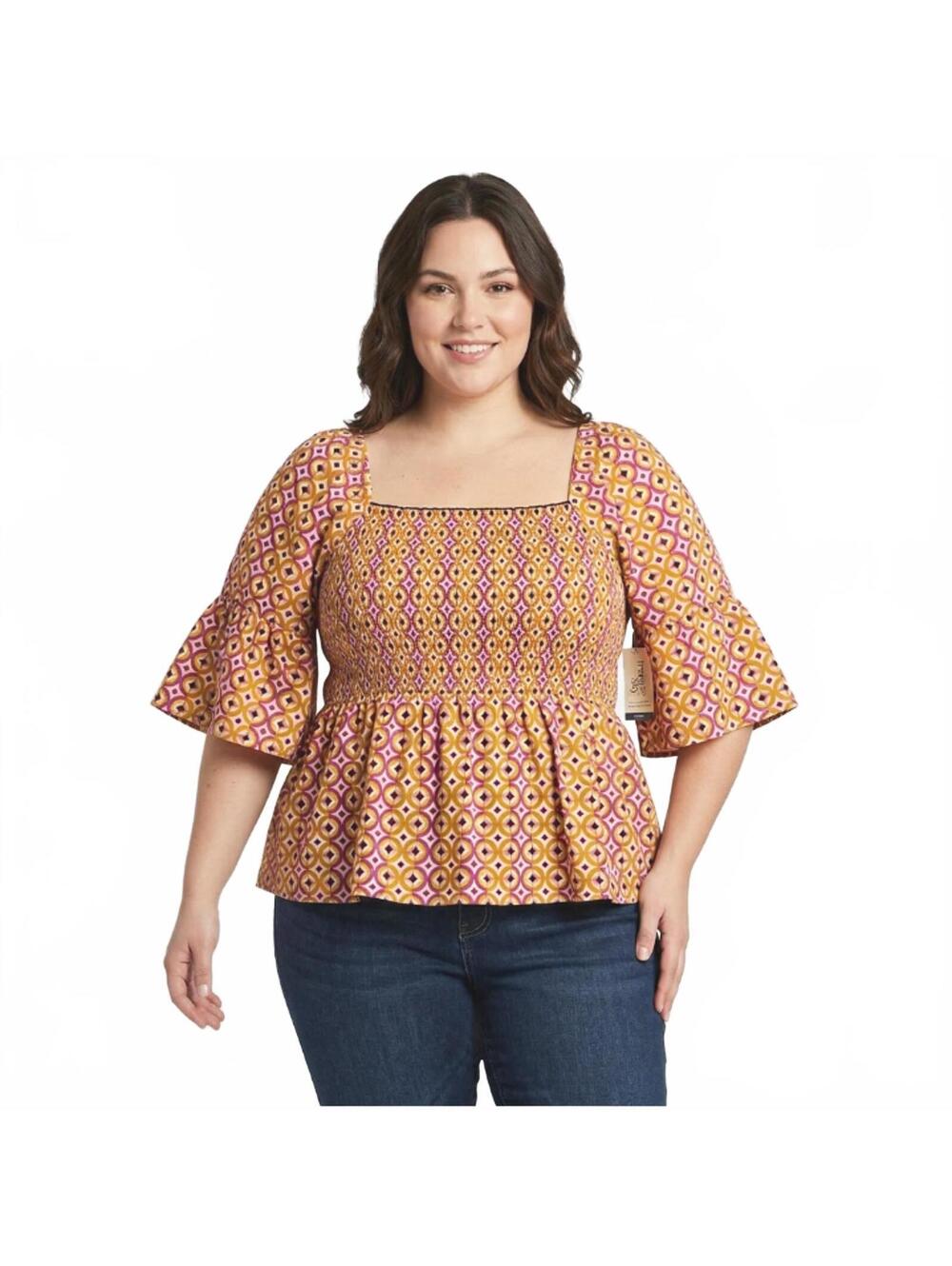Terra Sky Women's 4X Smocked Top in Gold, Purple, and White NWT